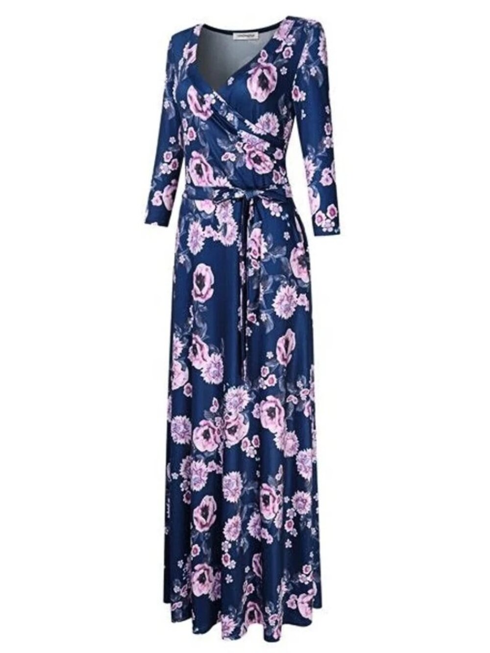Women's Floral Wrap V Neck Maxi Dress Tie Waist Blue 3/4 Sleeves Size M - Picture 7 of 9